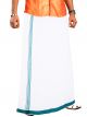 Smart Line White Single Dhoti - Dark Green colour wide border