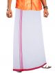Smart Line White Single Dhoti - Pink colour wide border