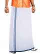 Smart Line White Single Dhoti - Dark Blue colour wide border